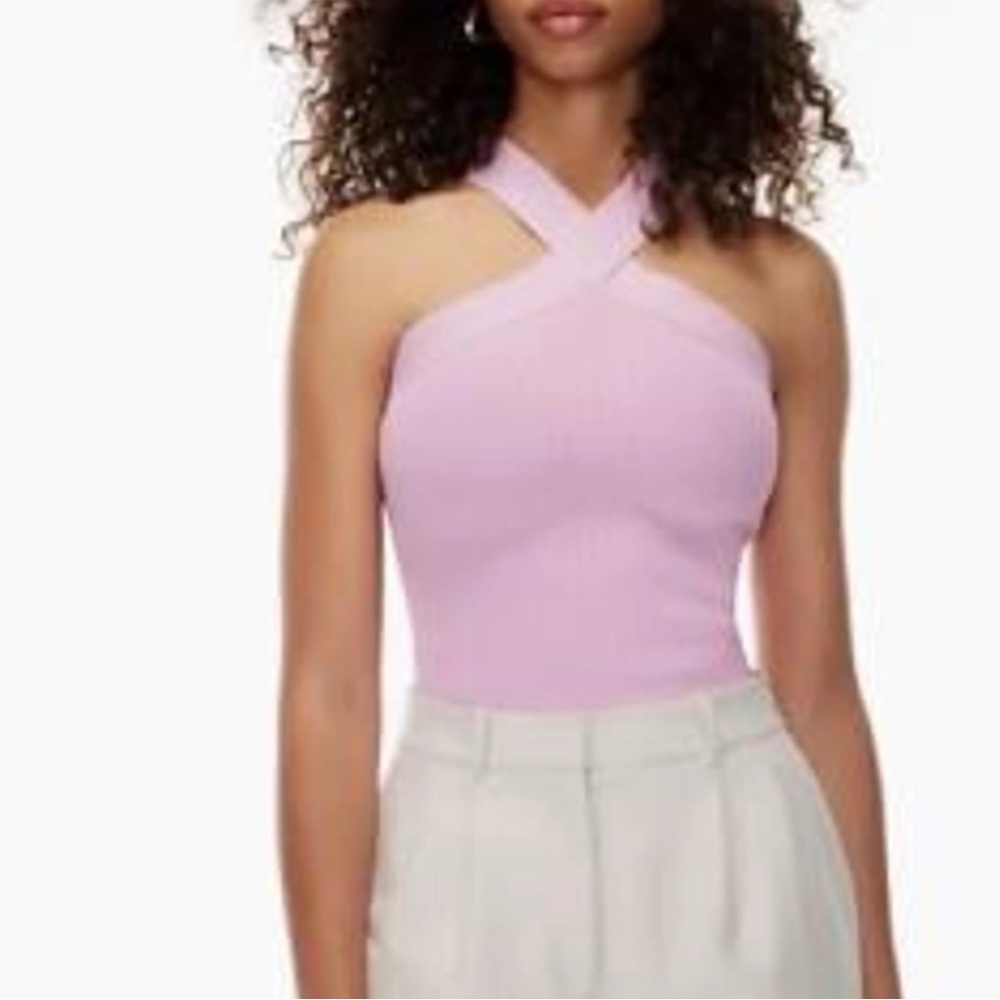 Aritzia Babaton Cropped Tank Sculpt Knit Criss Cross 2XL Lilac Purple Like New